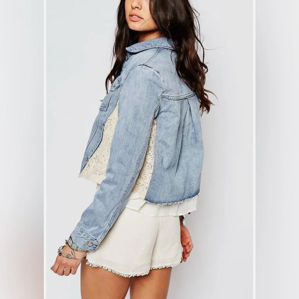 Free People Ivory Lace Panel Cropped Denim Jacket, Size Medium- Boho Chic - Picture 3 of 10